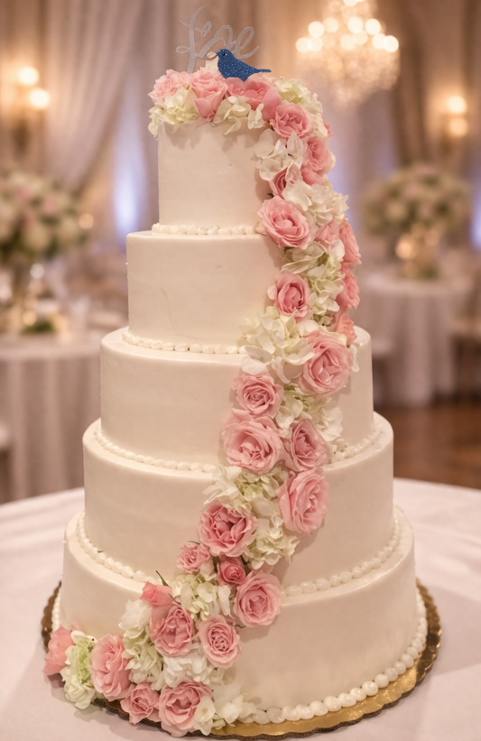 Blush Cascade Elegance 5-Tier Wedding Cake ($9 per person)