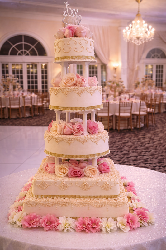 Royal Blush Pillar 5-Tier Wedding Cake ($9 per person)