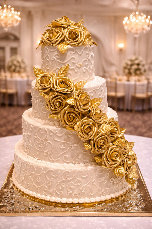Royal Gold Cascade 4-Tier Wedding Cake ($9 per person)