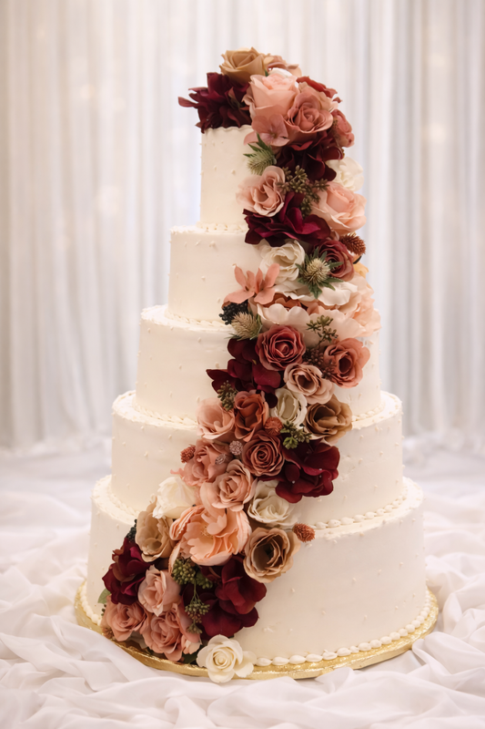 Burgundy Blush Cascade 5-Tier Wedding Cake ($9 per person)