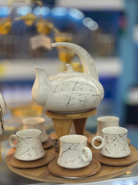 Marble Design Porcelain Tea Set with Wooden Stand – 7 Piece Tea Serving Set