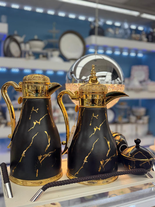Luxury Black & Gold Thermos Set – 2 Vacuum Coffee & Tea Flasks with Cups