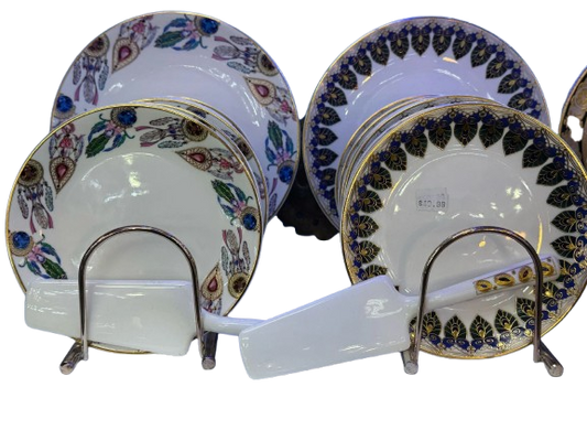 6-Piece Decorative Cake Plate Set with Server – Jewel & Leaf Designs