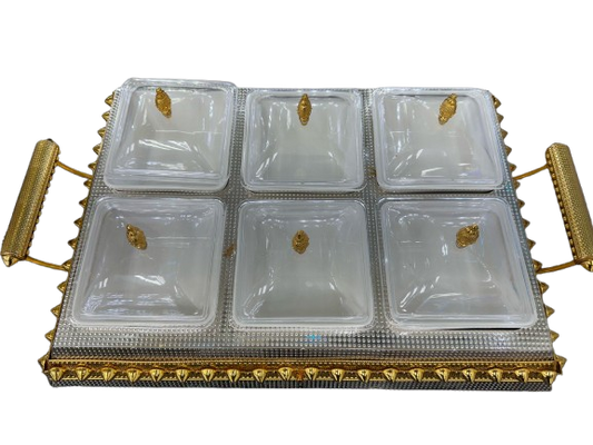 6-Compartment Dry Fruit & Snack Serving Tray – Silver & Gold Elegance